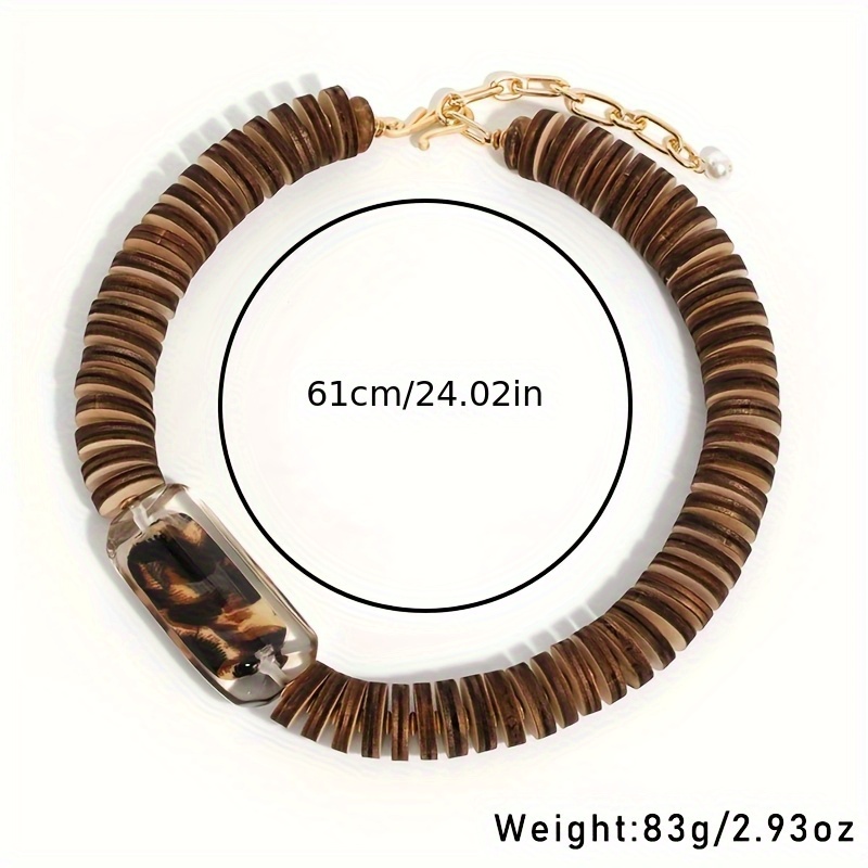 Brown Retro Wooden Beaded Necklace with Leopard Print Decoration